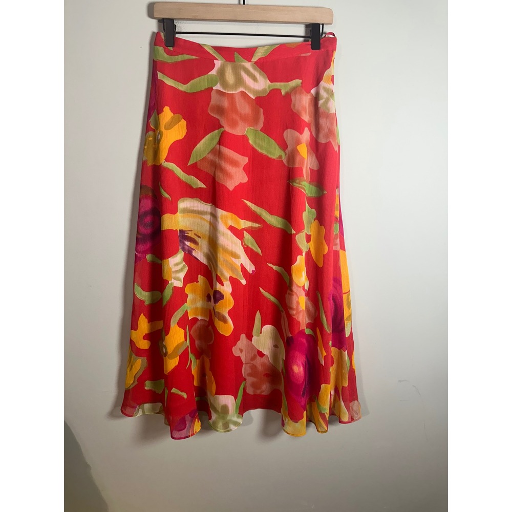 Coldwater Creek Vintage Floral Midi Skirt Chiffon Elastic Back Size M Petite